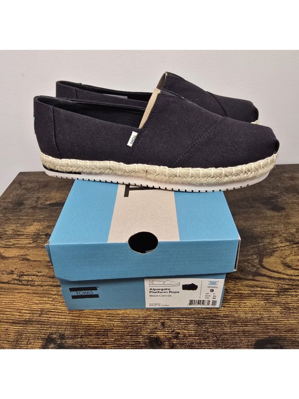 NEW IN BOX Toms Alpargata Platform Rope Flats Shoes Slip On Size 9 Black Canvas